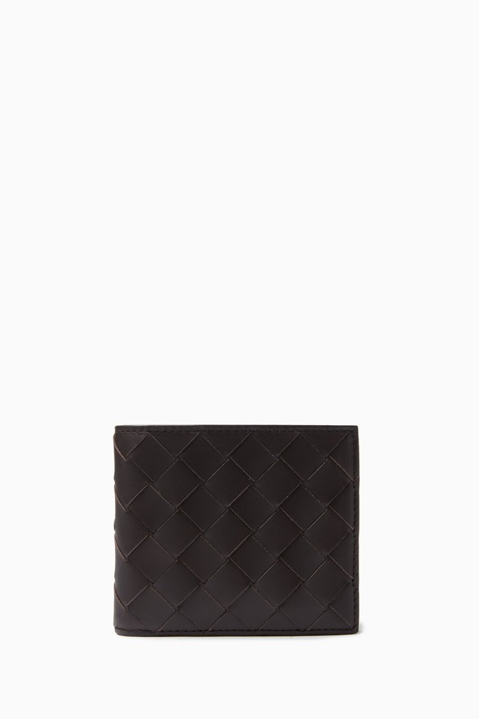 Bi-fold Wallet in Intrecciato Leather, Brown