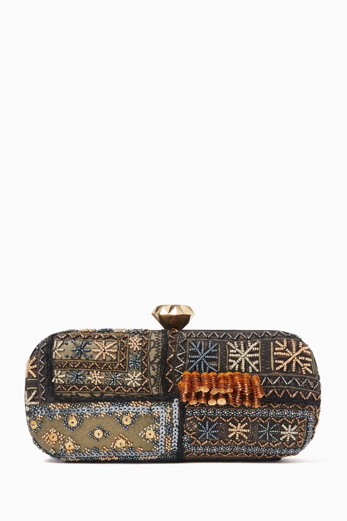 

Bedouin Embroidered Big Box Clutch in Leather trim, Multicolour
