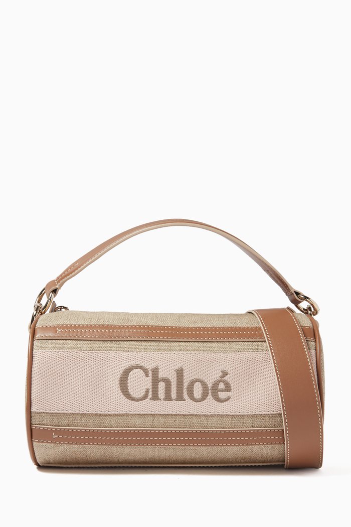 

Woody Tube Crossbody Bag in Linen and Leather, Pink