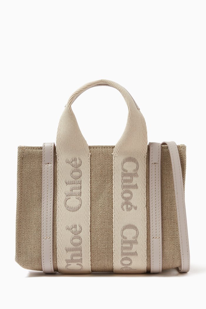 

Woody Mini Tote Bag in Linen Canvas & Calfskin, Grey