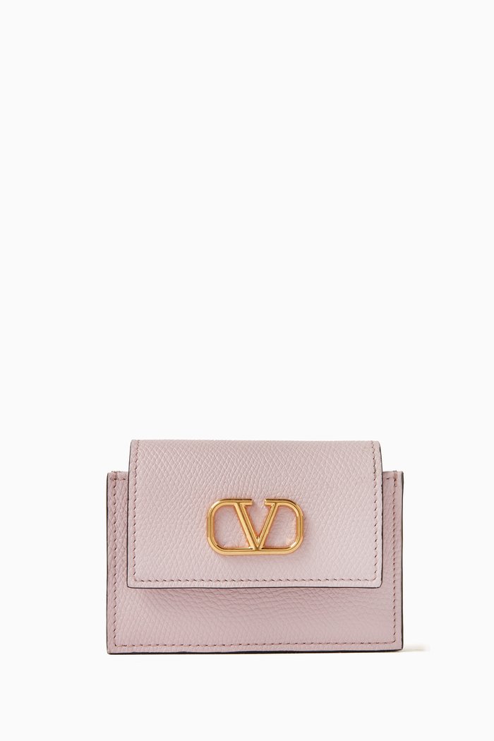 

VLOGO Flap-over Card Holder in Vitello Grained Leather, Pink