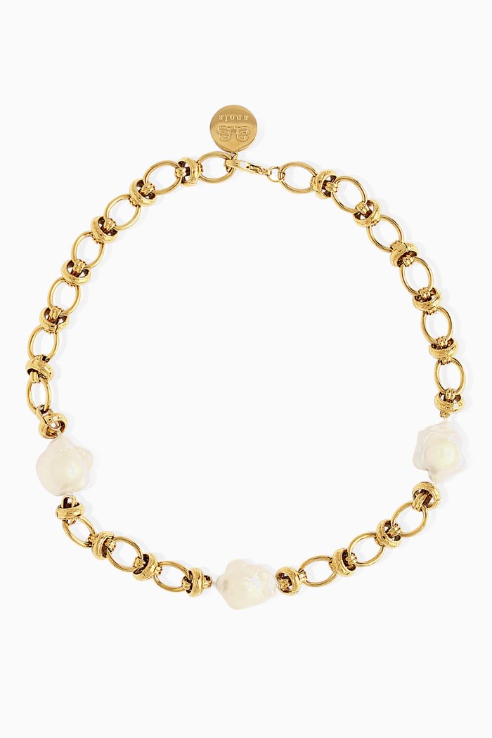 

MIRA NECKLACE 18K GOLD PLATED OVAL LINK CHAIN FINISHED WITH FLOWER KESHI PEARLS, AND AN 18KT GOLD PLATED LOGO TAG:WHITE:One Size|217408723